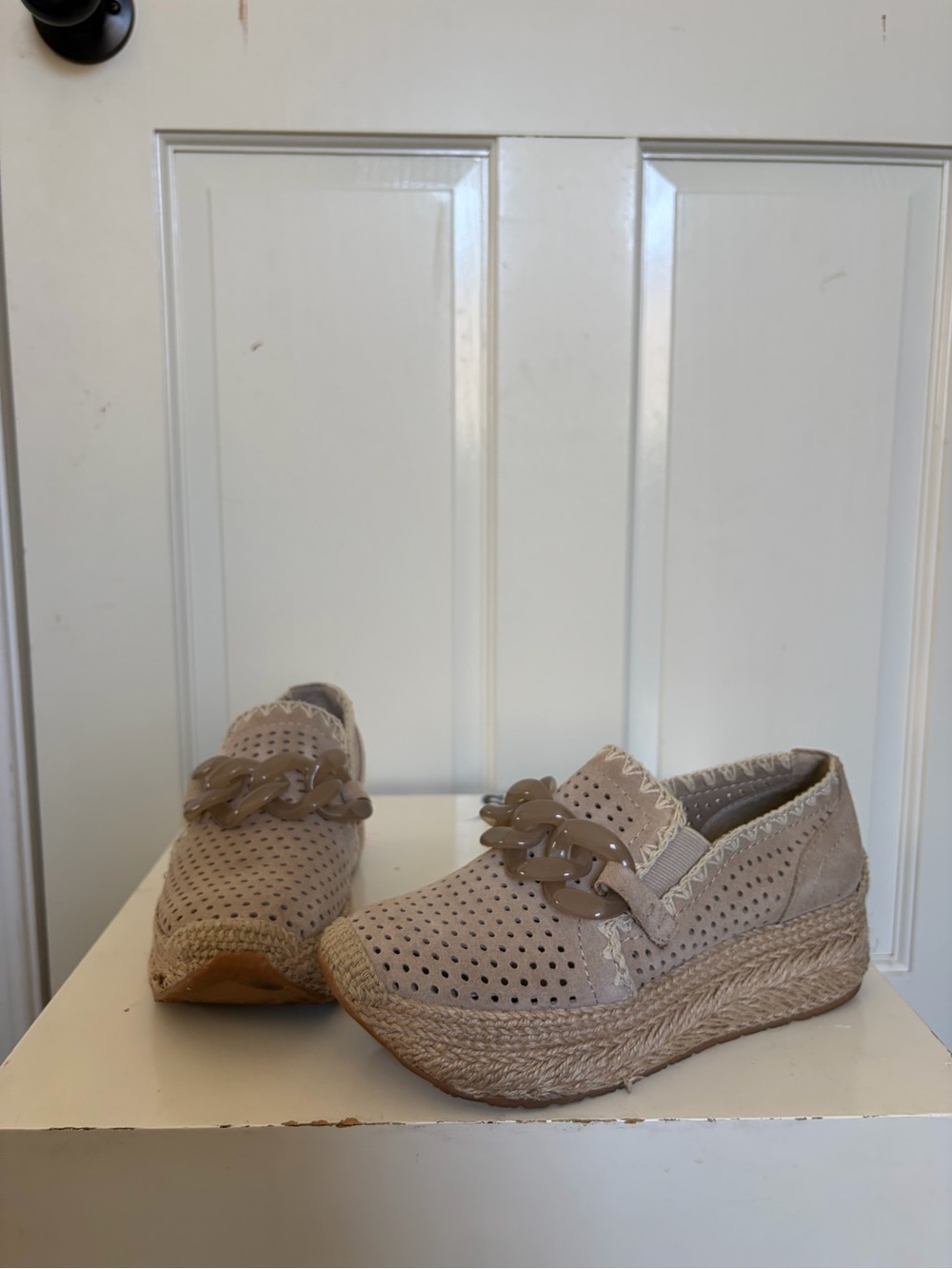 Dolce Vita Tan Espadrille Wedge Mules with Chain Accent